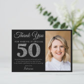 Black And Silver Glitter 50th Birthday Party Photo Bedankkaart (Staand voorkant)