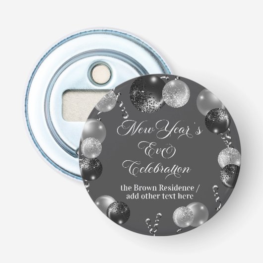 Black and Silver Glitter New Year's Eve Party  Button Flesopener (Voorkant)