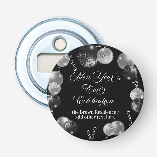Black and Silver Glitter New Year's Eve Party  Button Flesopener (Voorkant)