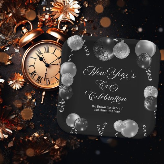 Black and Silver Glitter New Year's Eve Party  Papieren Bordje