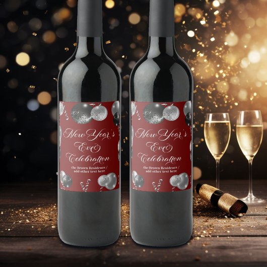 Black and Silver Glitter New Year's Eve Party  Wijn Etiket