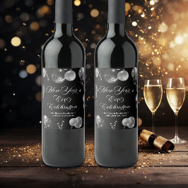 Black and Silver Glitter New Year's Eve Party  Wijn Etiket