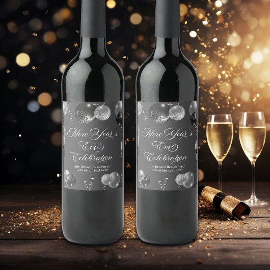 Black and Silver Glitter New Year's Eve Party  Wijn Etiket
