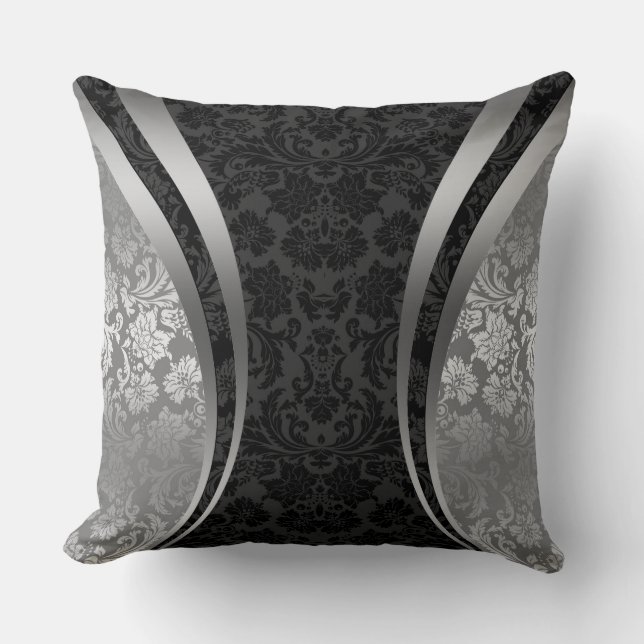 Black and Silver Grey Floral Damaskers Kussen (Voorkant)
