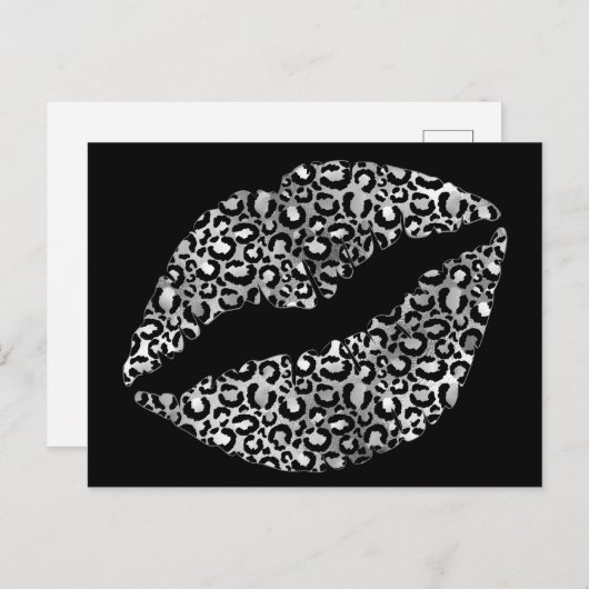 Black and Silver Leopard Spot Lipstick Kiss Briefkaart (Voorkant / Achterkant)
