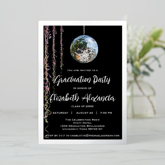 Black and Silver Mirror Ball Afstuderen Folie Uitnodiging (Staand Voorkant)