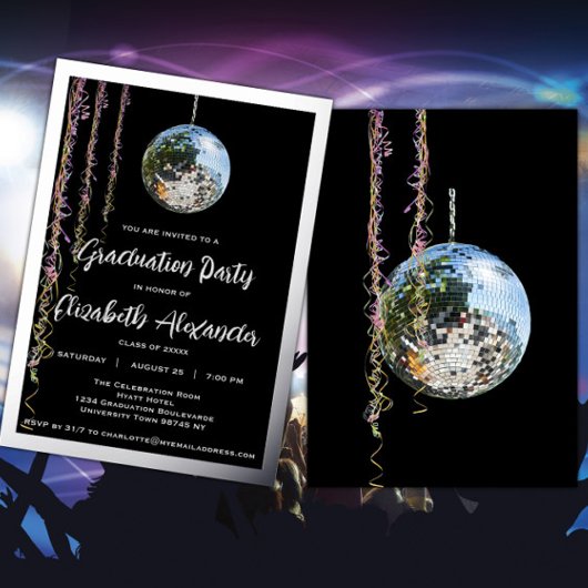 Black and Silver Mirror Ball Afstuderen Folie Uitnodiging