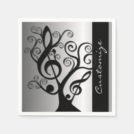 Black and Silver Music Treble Clef Tree Napkins Servetten (Voorkant)