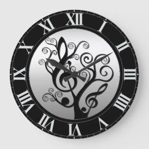 Black and Silver Music Treble Clef Tree Wall Klock Grote Klok