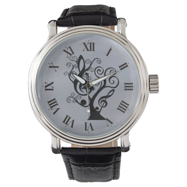 Black and Silver Music Treble Clef Tree Watch Horloge (Voorkant)