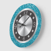 Black and Silver Numbers Turquoise Blue Glitter Grote Klok (Hoek)