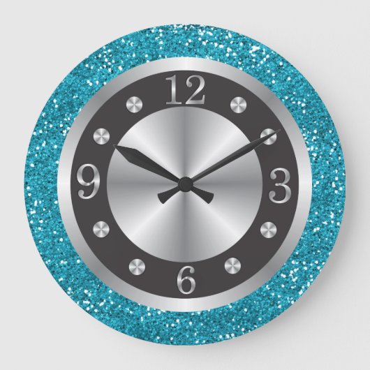 Black and Silver Numbers Turquoise Blue Glitter Grote Klok (Voorkant)