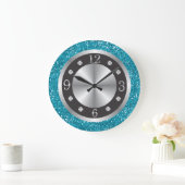 Black and Silver Numbers Turquoise Blue Glitter Grote Klok (Huis)