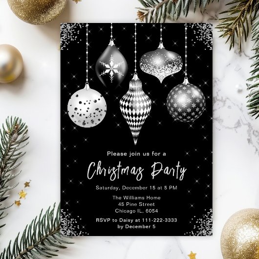 Black and Silver Ornaments Christmas Party Kaart