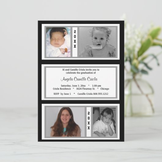 Black and Silver Quad Photo Graduparty Kaart (Staand voorkant)