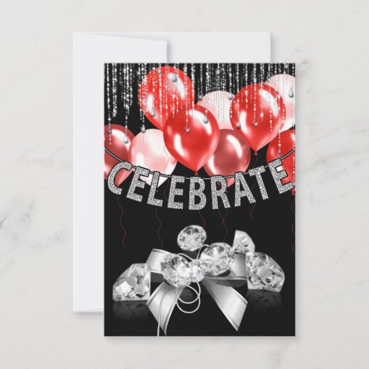 Black and Silver, red Balloons girl Party Kaart (Voorkant)