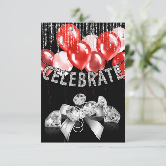 Black and Silver, red Balloons girl Party Kaart (Staand voorkant)