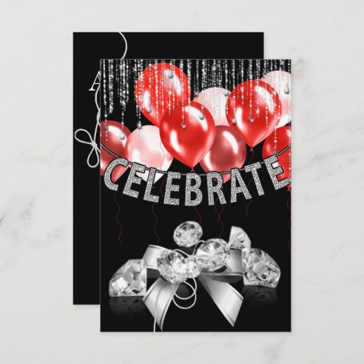 Black and Silver, red Balloons girl Party Kaart (Voorkant / Achterkant)