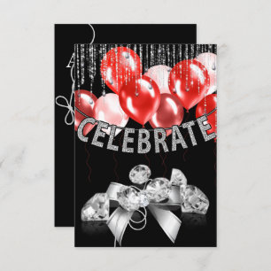 Black and Silver, red Balloons girl Party Kaart
