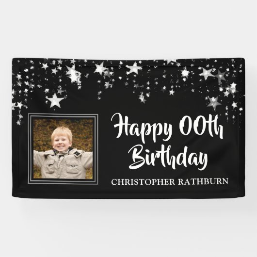 Black and Silver Stars Photo Any Year Birthday Spandoek (Horizontaal)