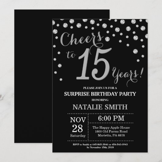 Black and Silver Surprise 15th Birthday Diamond Kaart (Voorkant / Achterkant)