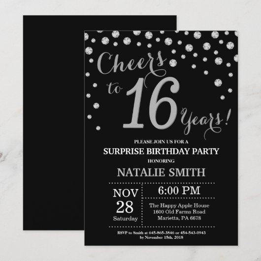 Black and Silver Surprise 16th Birthday Diamond Kaart (Voorkant / Achterkant)