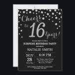Black and Silver Surprise 16th Birthday Diamond Kaart<br><div class="desc">Verrassend 16e verjaardag Uitnodiging met de achtergrond van Black en Silver Glitter Diamond. Zilveren Confetti. Kinderen van afgelopen dag. Jongen of meisjes Teenage Lady Birthday. Voor verdere aanpassing,  te klikken gelieve de knoop "van de Aanpassing het"en ons ontwerphulpmiddel te gebruiken om deze sjabloon te wijzigen.</div>