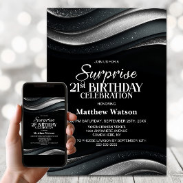 Black and Silver Surprise 21st Birthday Party Kaart