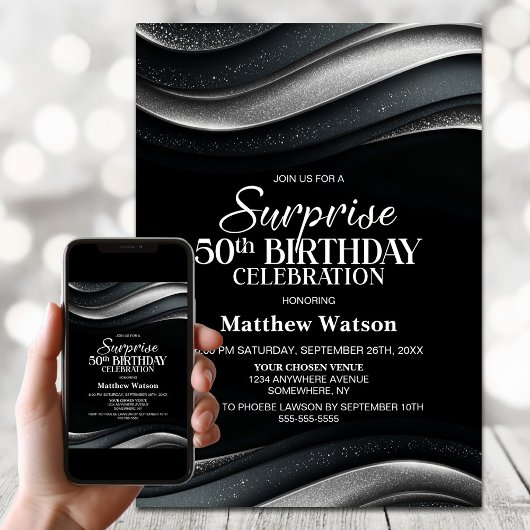 Black and Silver Surprise 50th Birthday Party Kaart