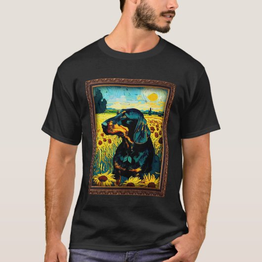 Black and Tan Coonhound Painting Sunflower Flower T-shirt (Voorkant)