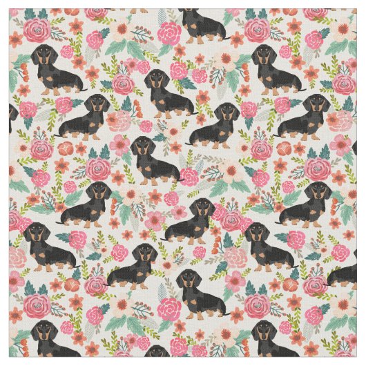 Black and Tan Dachshund dogs  florals crème Stof (Close Up)