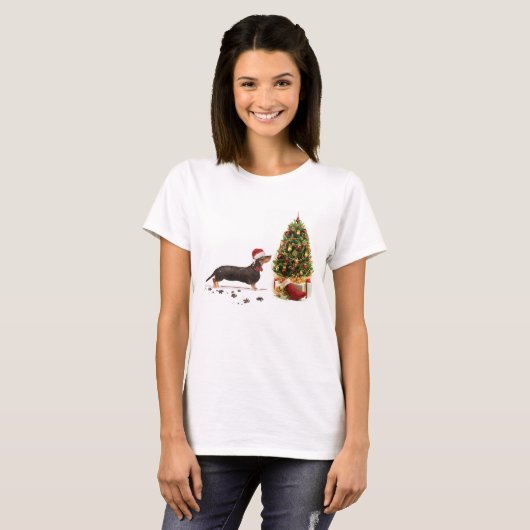 Black and Tan Dachshund Funny Kersthond T-shirt (Voorkant volledig)