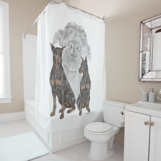 Black and Tan Doberman Dogs Douchegordijn (In situ)