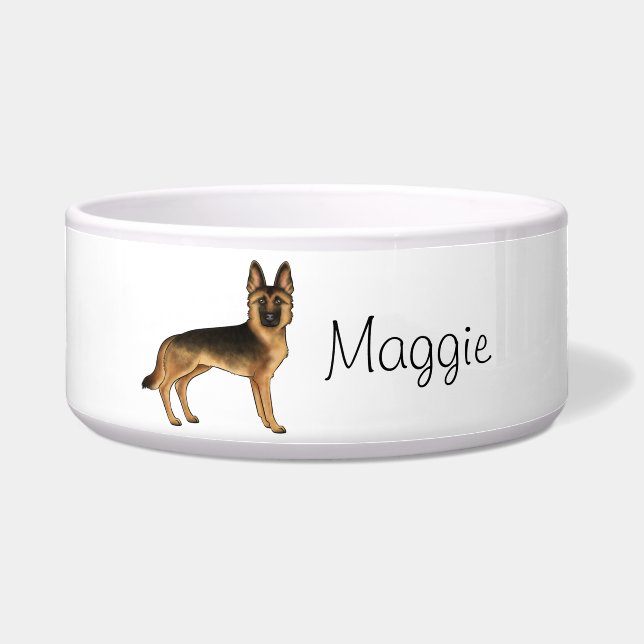 Black and Tan German Shepherd Dog met aangepaste n Voerbakje (Voorkant)