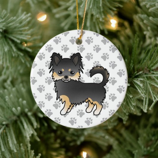 Black and Tan Long Coat Chihuahua Cute Dog & Paws Keramisch Ornament (Boom)