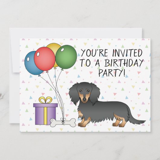 Black and Tan Long Hair Dachshund Birthday Party Kaart (Voorkant)