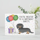 Black and Tan Long Hair Dachshund Birthday Party Kaart (Staand voorkant)