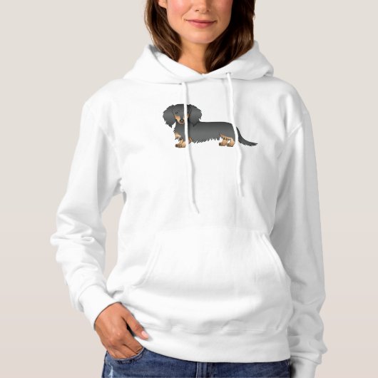 Black and Tan Long Hair Dachshund Cartoon Dog Hoodie (Voorkant)