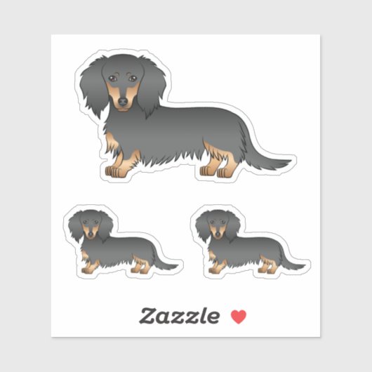 Black and Tan Long Hair Dachshund Cartoon Dog Sticker (Vel)