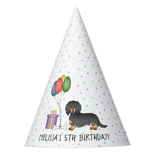 Black and Tan Long Hair Dachshund Dog - Birthday Feesthoedjes (Voorkant)