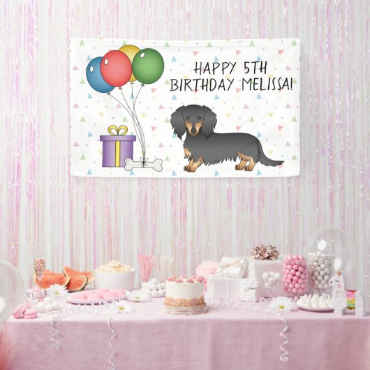 Black and Tan Long Hair Dachshund Happy Birthday Spandoek (Feest)