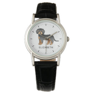 Black and Tan Mini Goldendole Cartoon Dog & Name Horloge