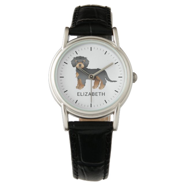 Black and Tan Mini Goldendole Cartoon Dog & Name Horloge (Voorkant)