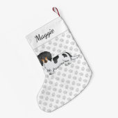 Black and Tan Piebald Long Hair Dachshund & Name Kleine Kerstsok (Achterkant (Hangend))