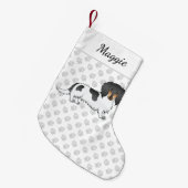 Black and Tan Piebald Long Hair Dachshund & Name Kleine Kerstsok (Voorkant (Hangend))