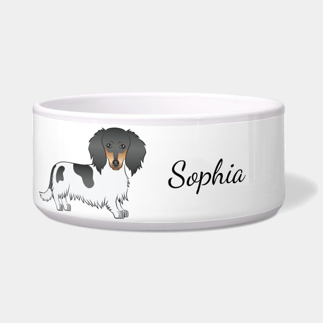 Black and Tan Piebald Long Hair Dachshund & Name Voerbakje (Voorkant)