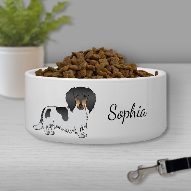 Black and Tan Piebald Long Hair Dachshund & Name Voerbakje (Creator heeft geüpload)