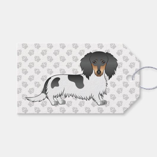 Black and Tan Piebald Long Hair Dachshund & Paws Cadeaulabel (Voorkant (Horizontaal))
