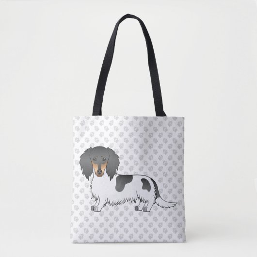 Black and Tan Piebald Long Hair Dachshund & Paws Tote Bag (Voorkant)