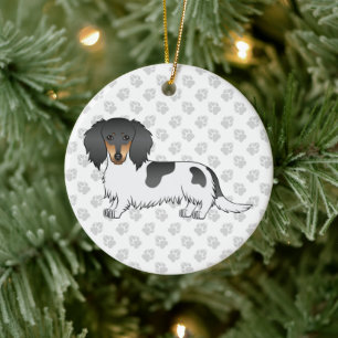 Black and Tan Piebald Long Hair Dachshund & Text Keramisch Ornament